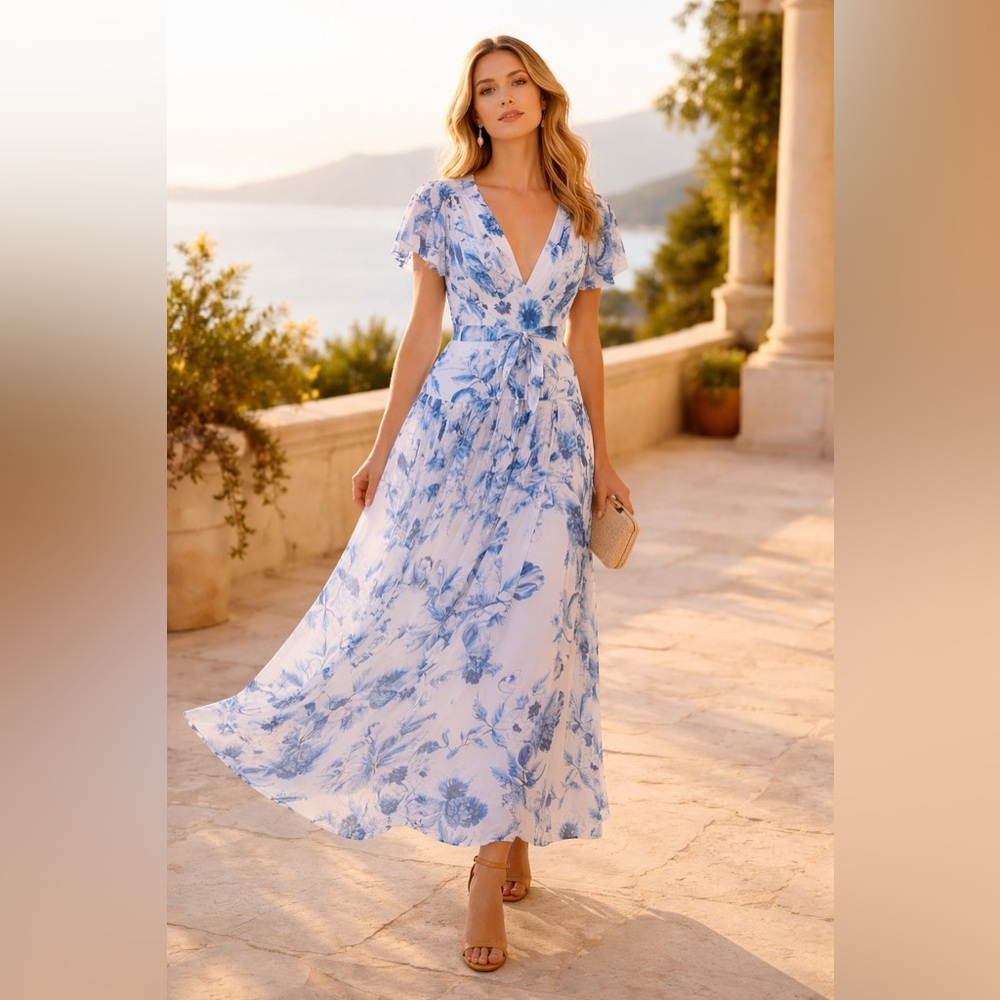 Monique Lhuillier Blue Floral Maxi Dress V-Neck Tie Waist Garden Formal Sz 4
